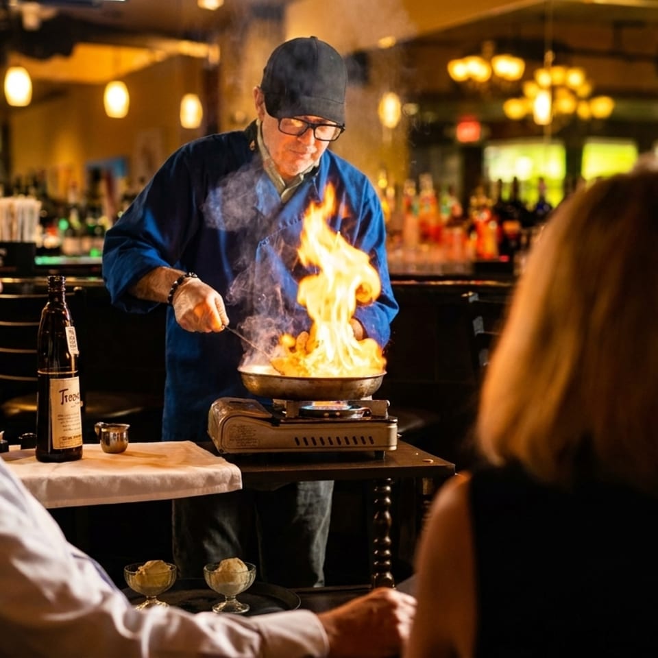A chef flambés food in a pan at a table for two diners in a dimly lit restaurant.