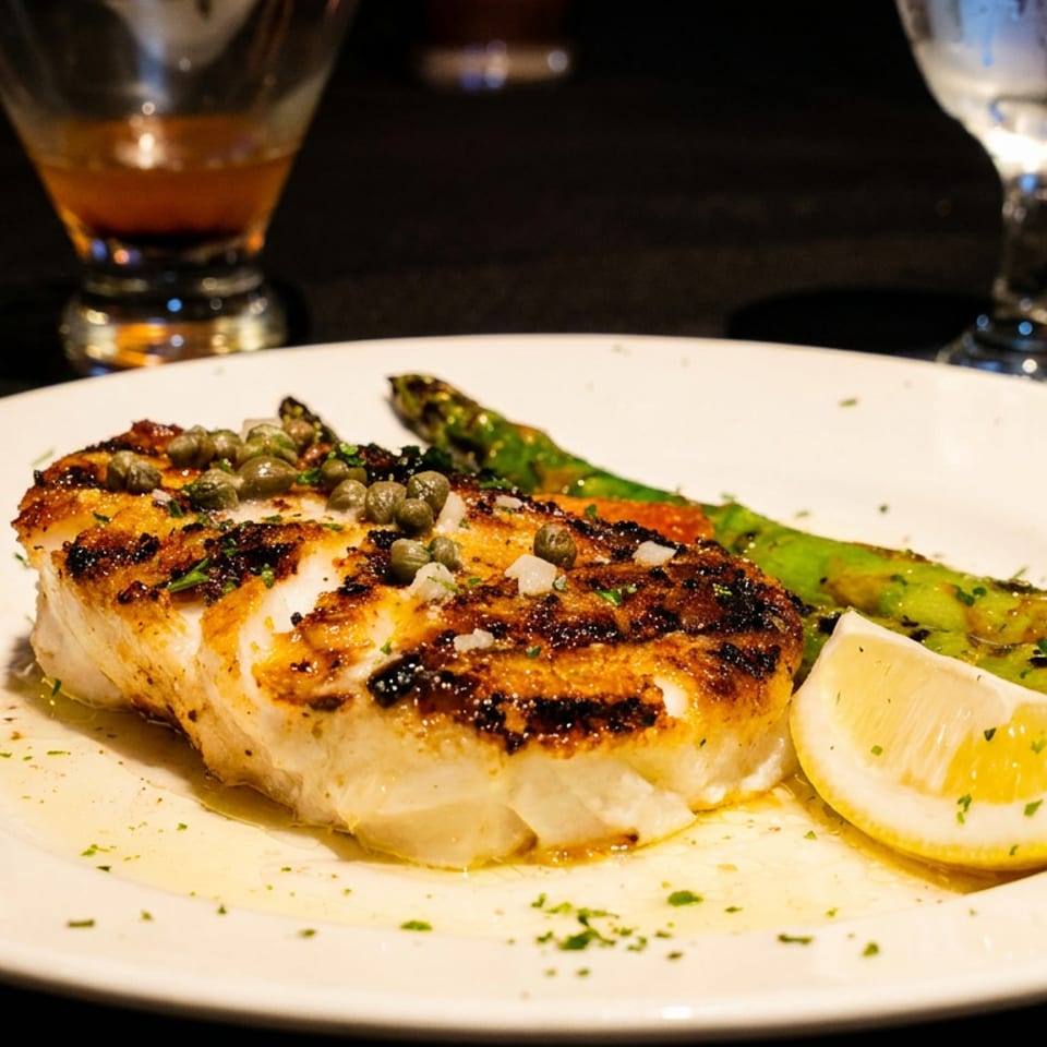 Grilled fish with capers, asparagus, and a lemon wedge on a white plate.