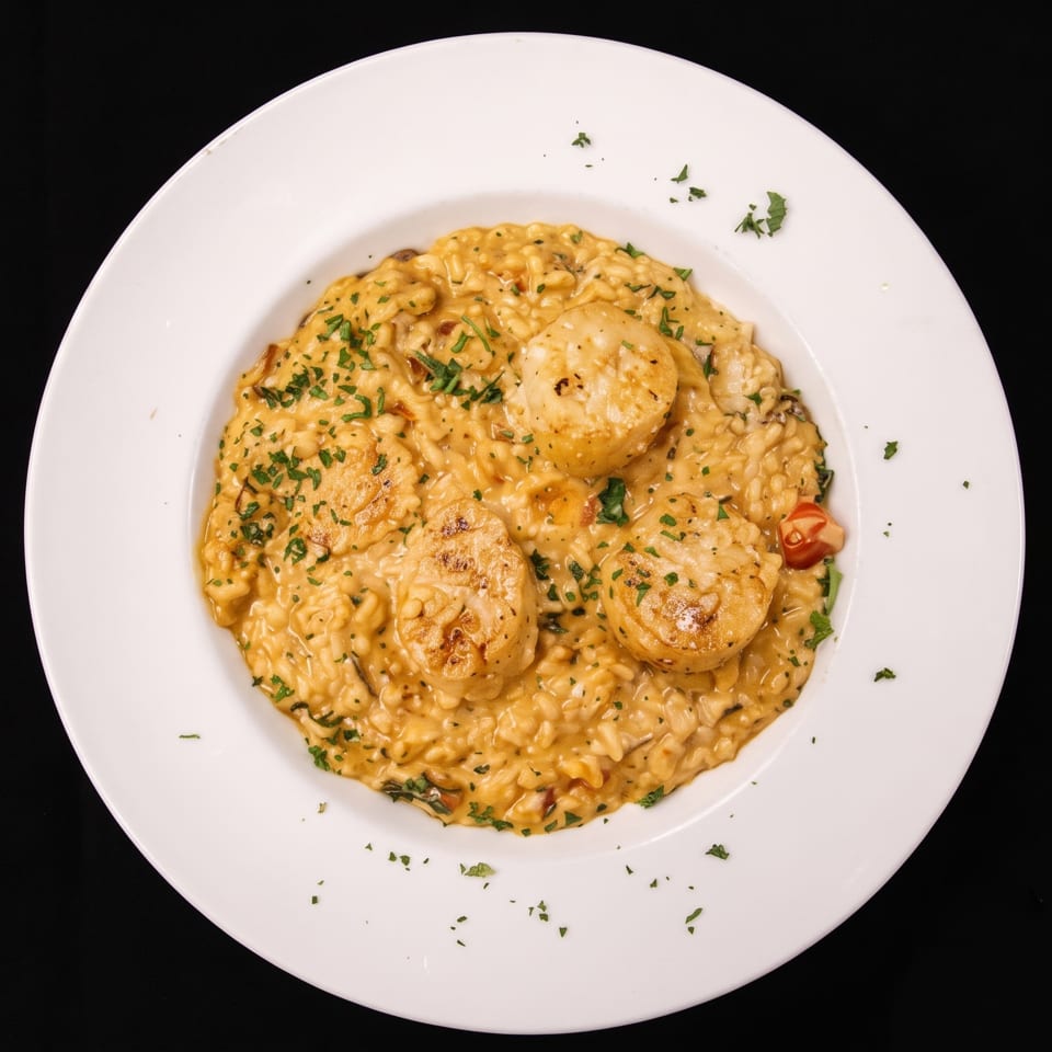 Creamy risotto topped with seared scallops, chopped herbs, and a cherry tomato on a white plate against a black background.