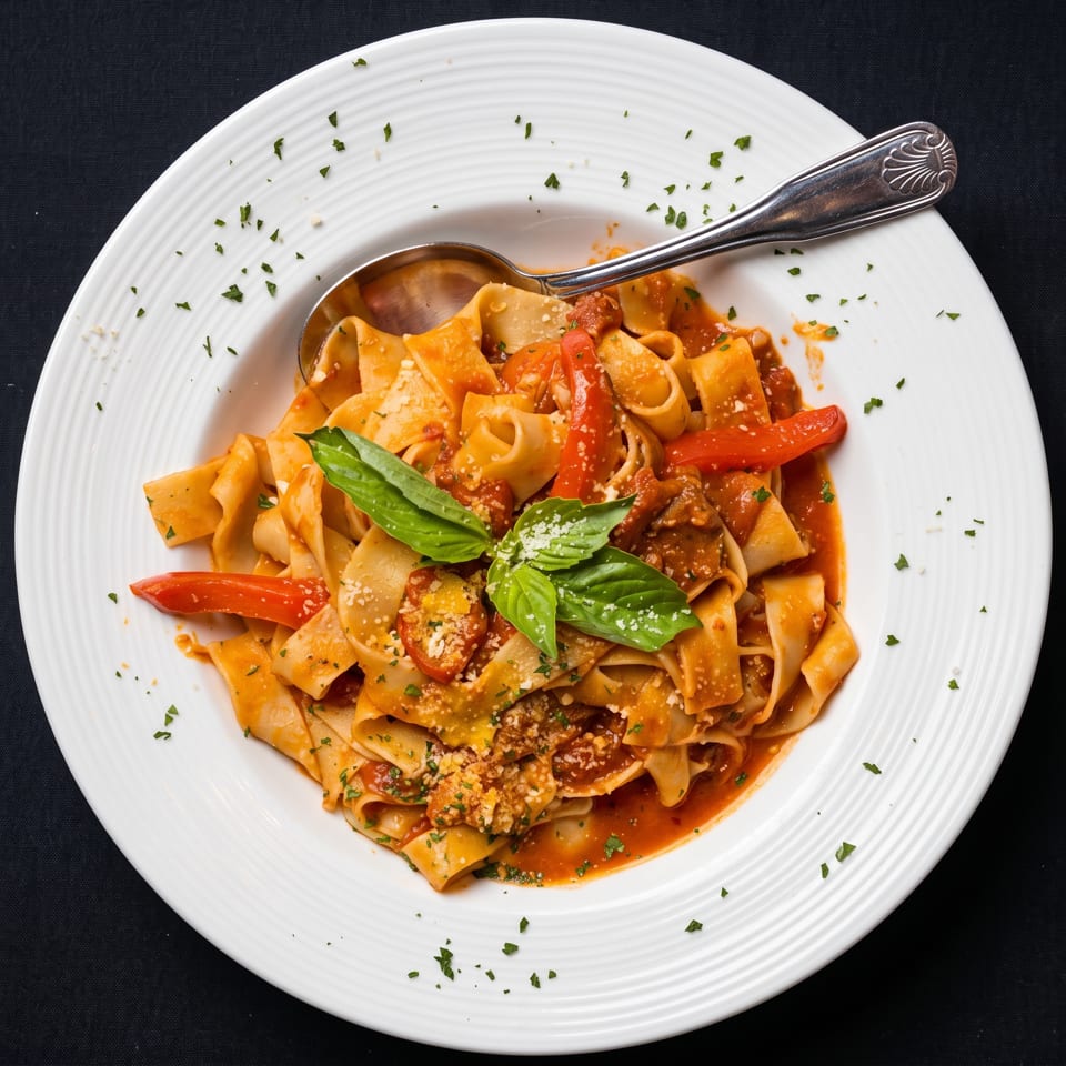 Ribbon pasta with tomato sauce, roasted peppers, sausage, Parmesan, and fresh basil on a white plate.