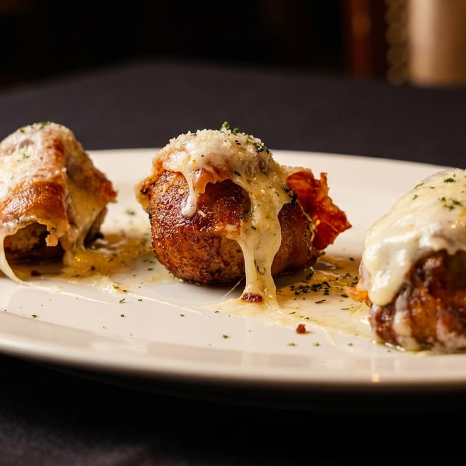 Three bacon-wrapped meatballs topped with melted cheese and herbs on a white plate.