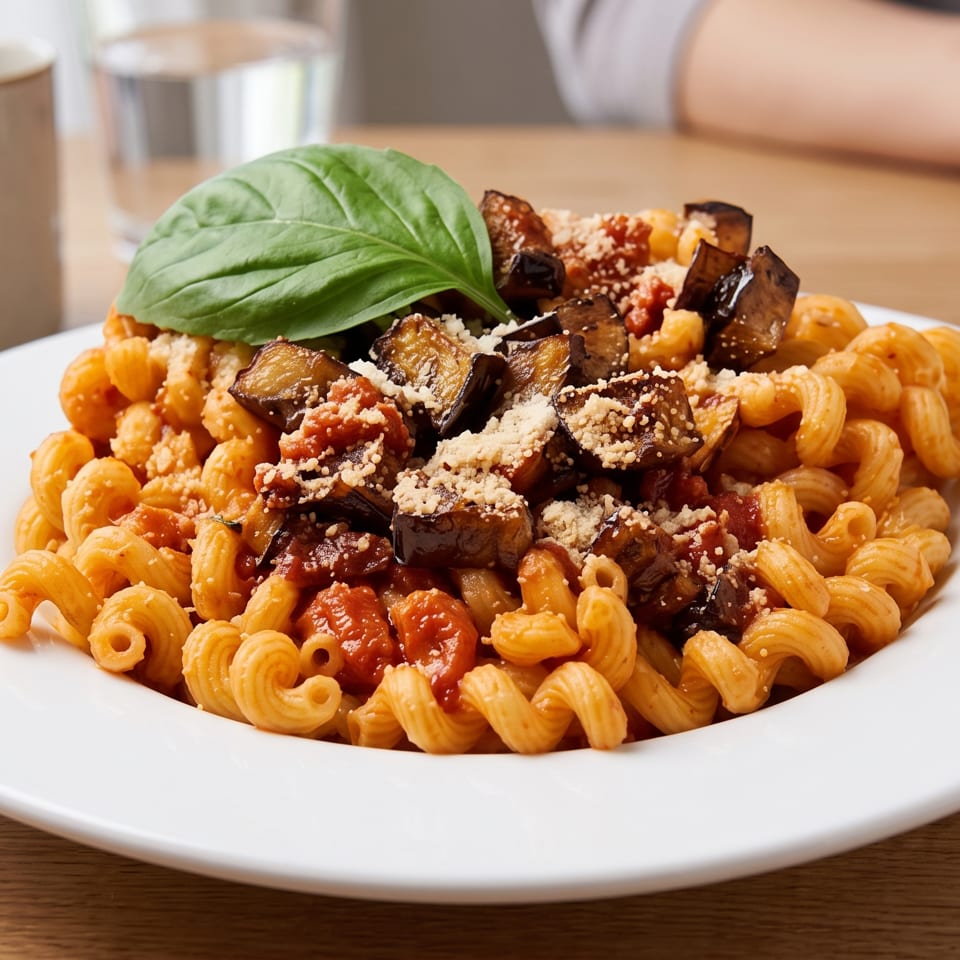 Corkscrew pasta in tomato sauce topped with roasted eggplant, grated cheese, and fresh basil on a white plate.