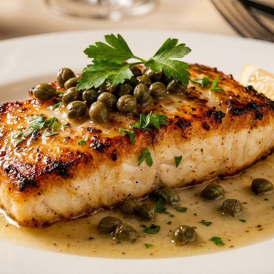 Seared fish fillet topped with capers and parsley, served in lemon butter sauce with a lemon wedge.